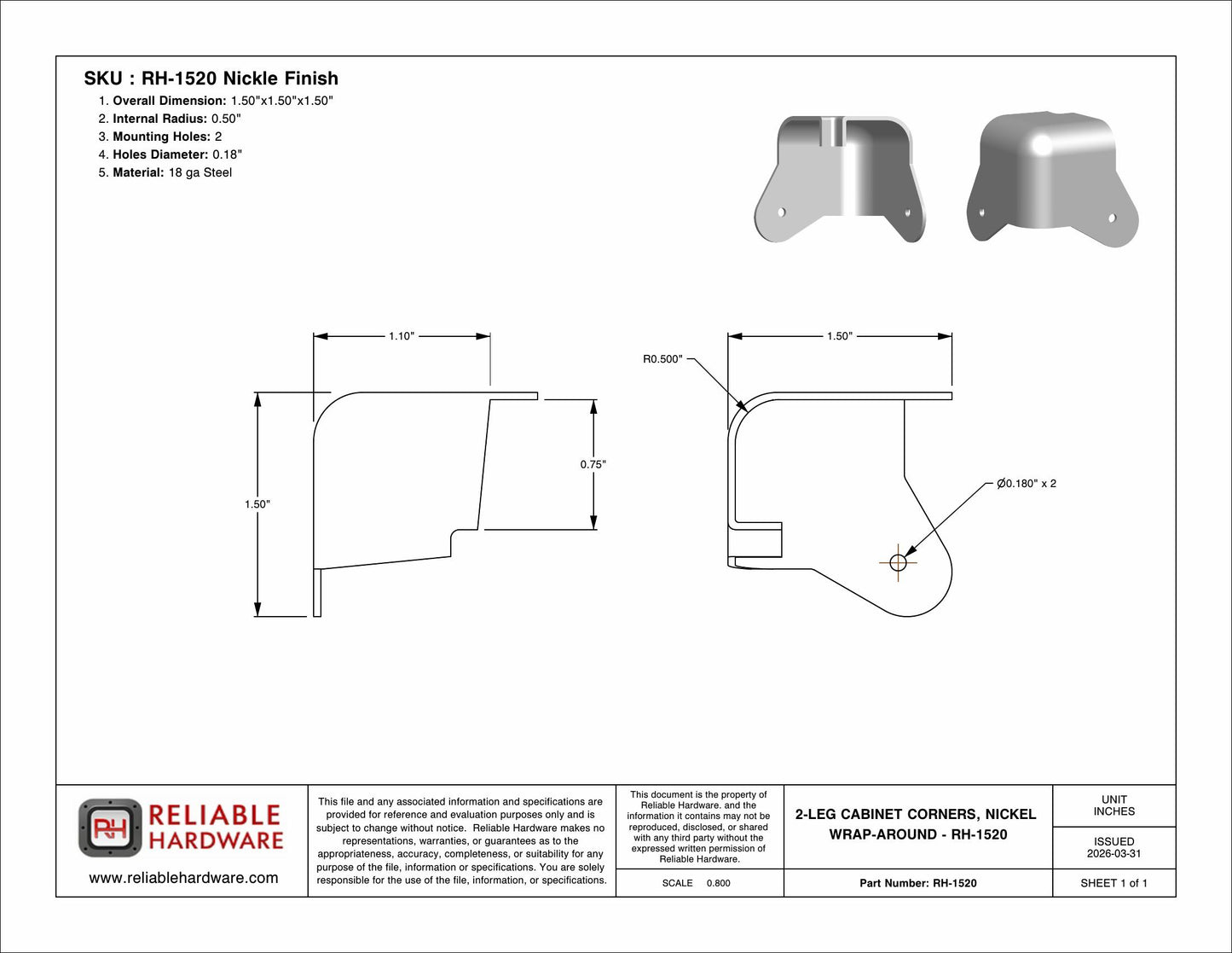 2-LEG CABINET CORNERS, NICKEL WRAP-AROUND - RH-1520