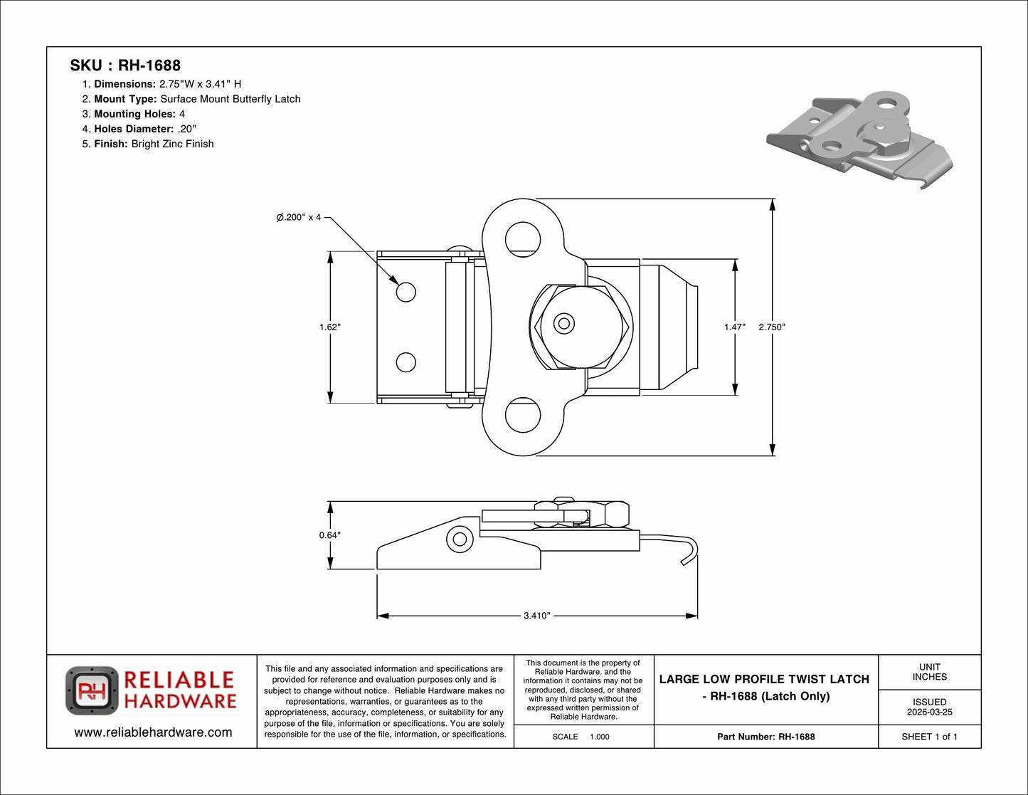 LARGE LOW PROFILE TWIST LATCH - RH-1688 (Latch Only)