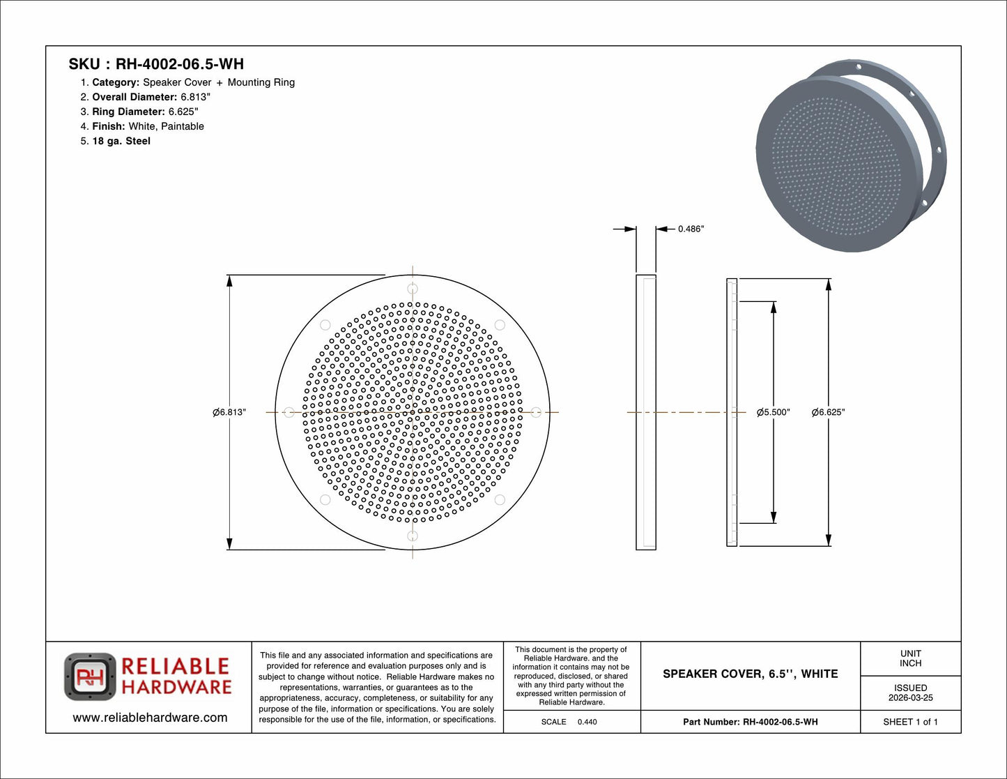 SPEAKER COVER, 6.5'', WHITE - RH-4002-06.5-WH