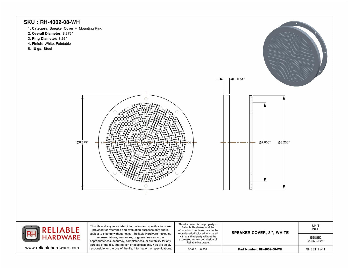 SPEAKER COVER, 8'', WHITE - RH-4002-08-WH