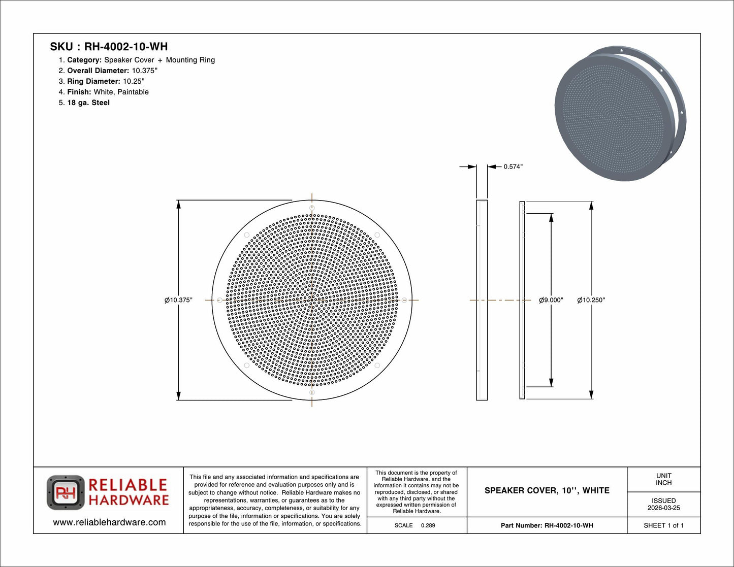 SPEAKER COVER, 10'', WHITE - RH-4002-10-WH