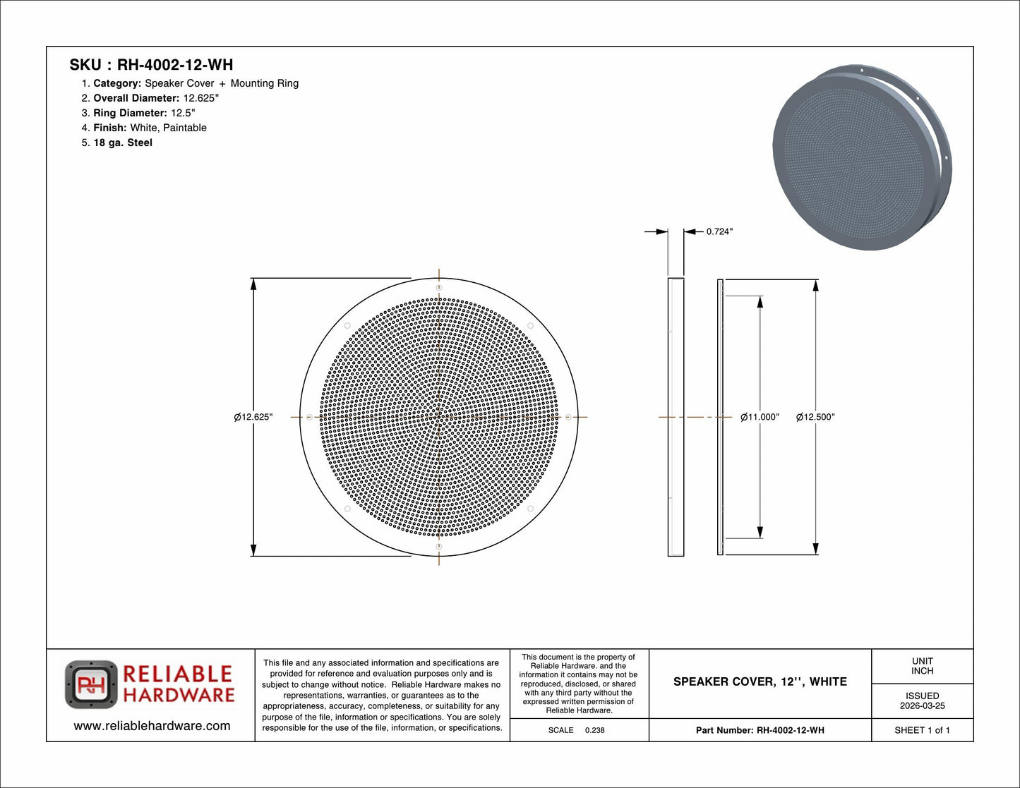 SPEAKER COVER, 12'', WHITE - RH-4002-12-WH