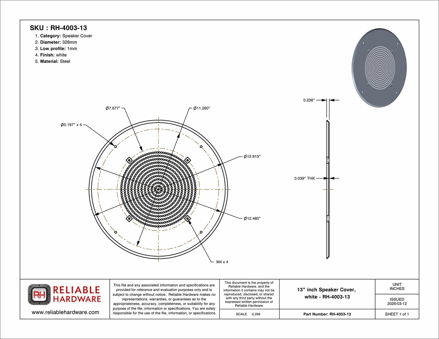 13" inch Speaker Cover, Eggshell white - RH-4003-13
