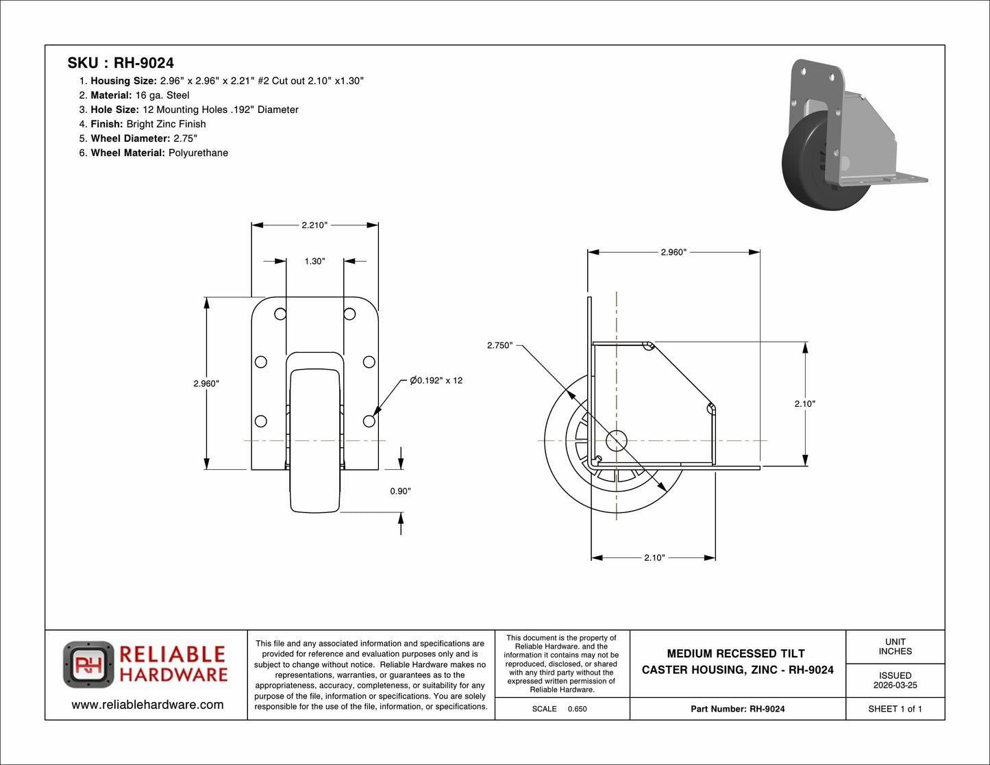 MEDIUM RECESSED TILT CASTER HOUSING, BLACK - RH-9024BK