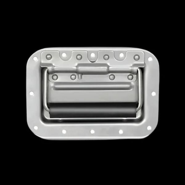 Stainless steel hardware for road cases and crates with a durable recessed handle and mounting holes
