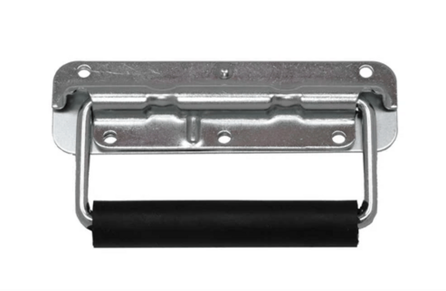 spring loaded surface mount handles showing metal fold down handle with black rubber grip and mounting plate