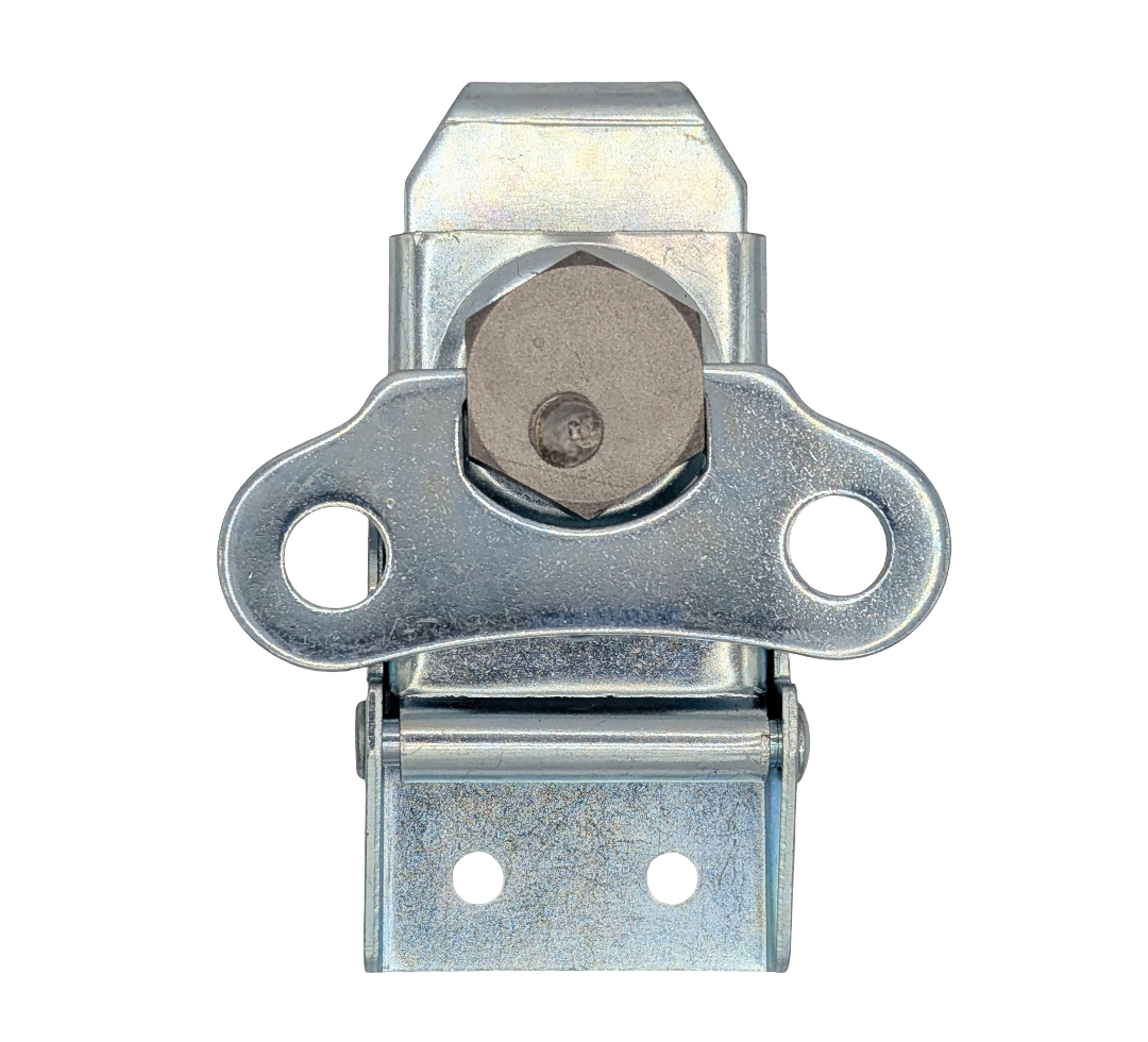 Close-up of a metal crate latches for shipping crates showing detailed latch mechanism and mounting holes
