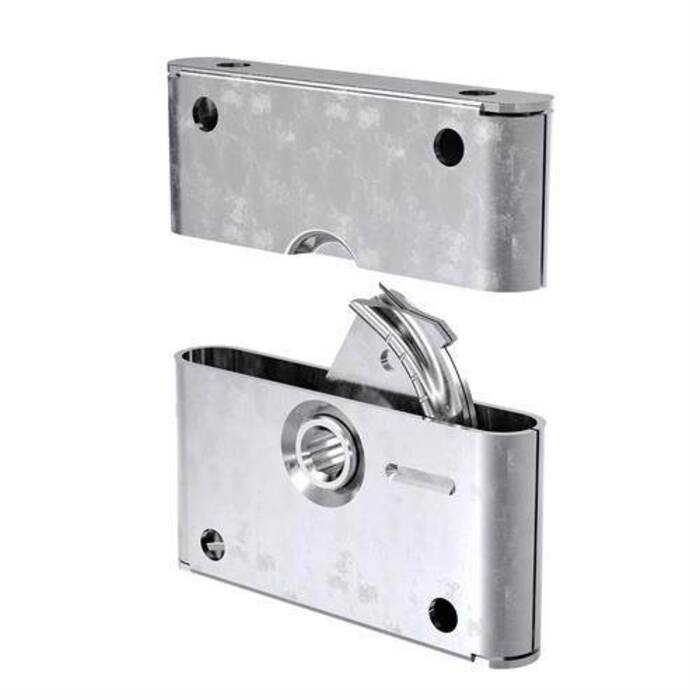 Rectangular metal coffin locks for latching showing two casings one open to reveal rotating latch mechanism