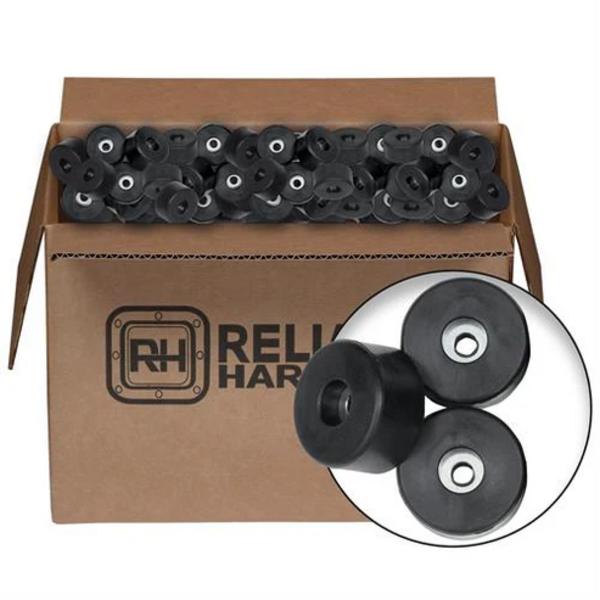 Box filled with Case and Crate bulk case quantities of black rubber bumpers with metal inserts
