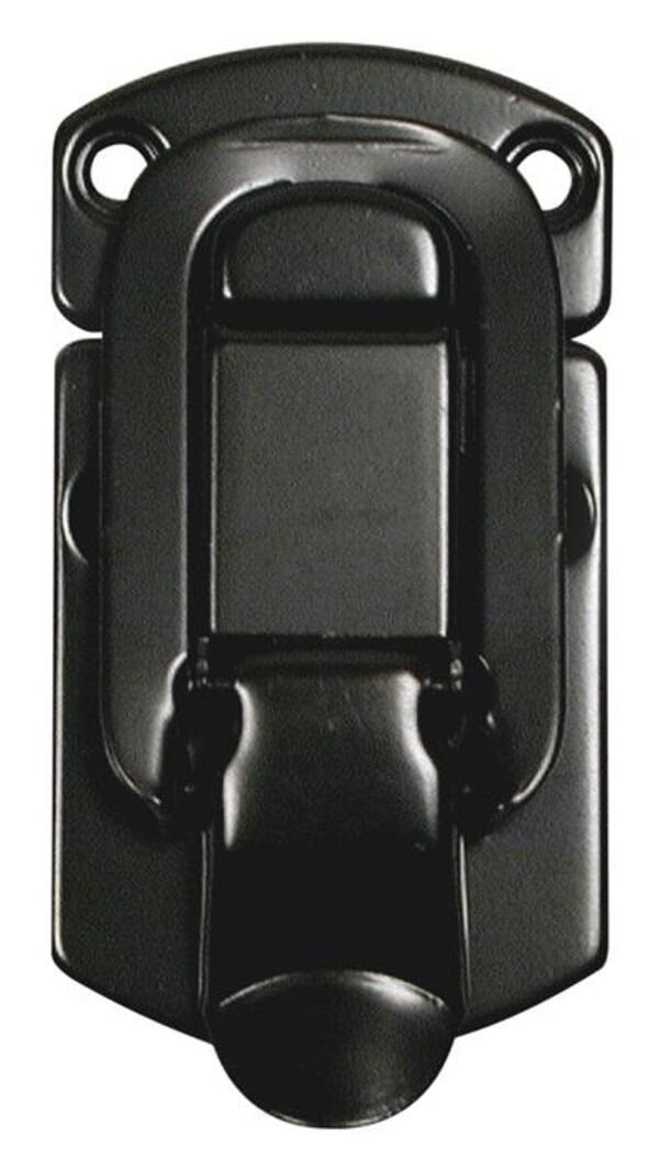 Close up of black glossy metal heavy duty briefcase latch hardware on rectangular mounting plate