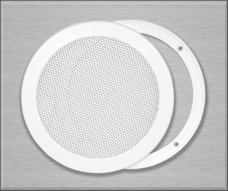 Universal surface-mount ceiling speaker hole covers with durable metal construction and white powder coat finish