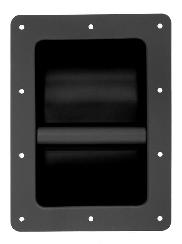 Black recessed handle for amps and speaker cabinets with mounting holes for secure installation