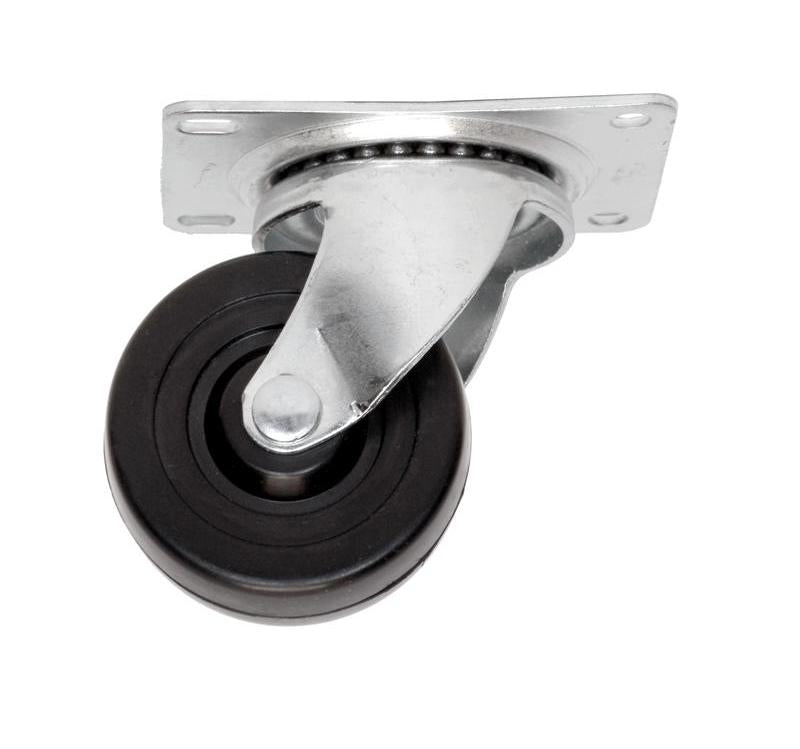 Single black rubber caster wheel with metal swivel plate for furniture or equipment mobility