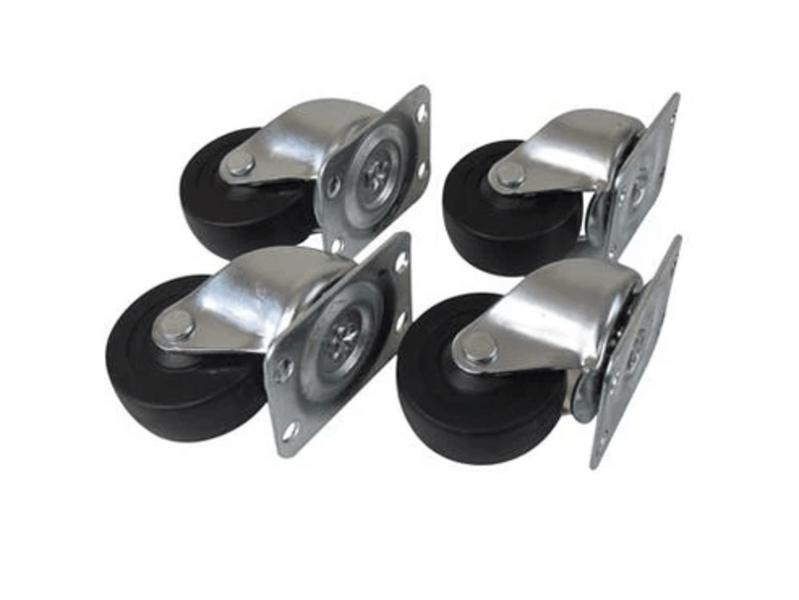 Set of 2 inch casters for road cases with black wheels and metal mounting plates for smooth mobility