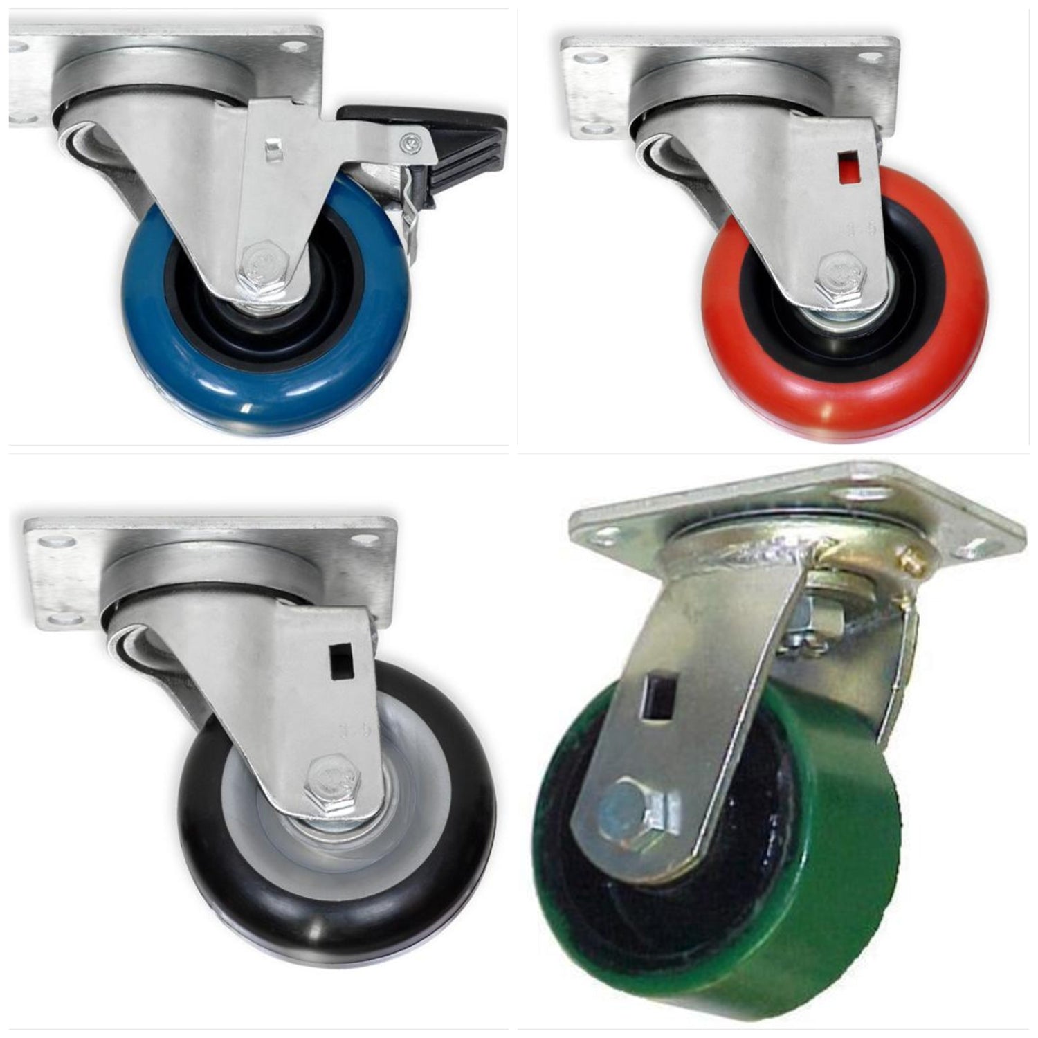 Various road case and crate caster wheels in blue, red, black, and green with metal mounting plates