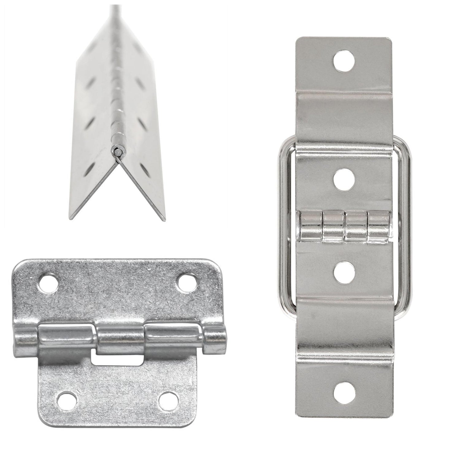 Set of stainless steel hardware hinges and lid stays on white background for cabinets and storage boxes