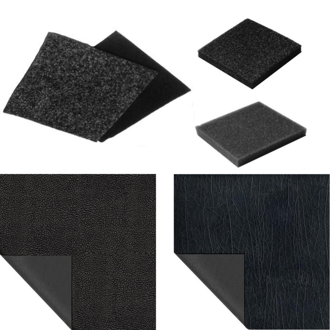 Carpet foam and Tolex for speakers cases and amps with black fabric and foam padding and Tolex in Gibson and Fender Style designs