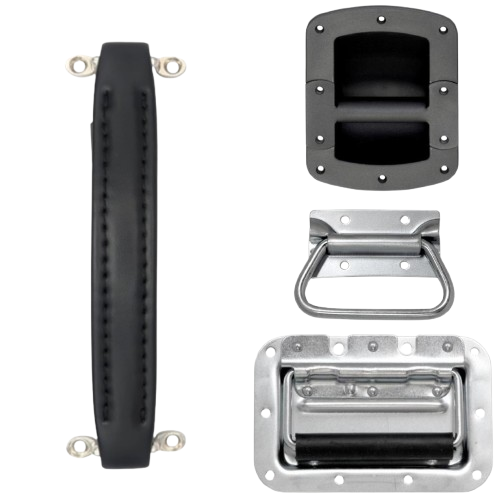 Assorted road case and amp handles including padded, recessed, and metal designs for secure transport