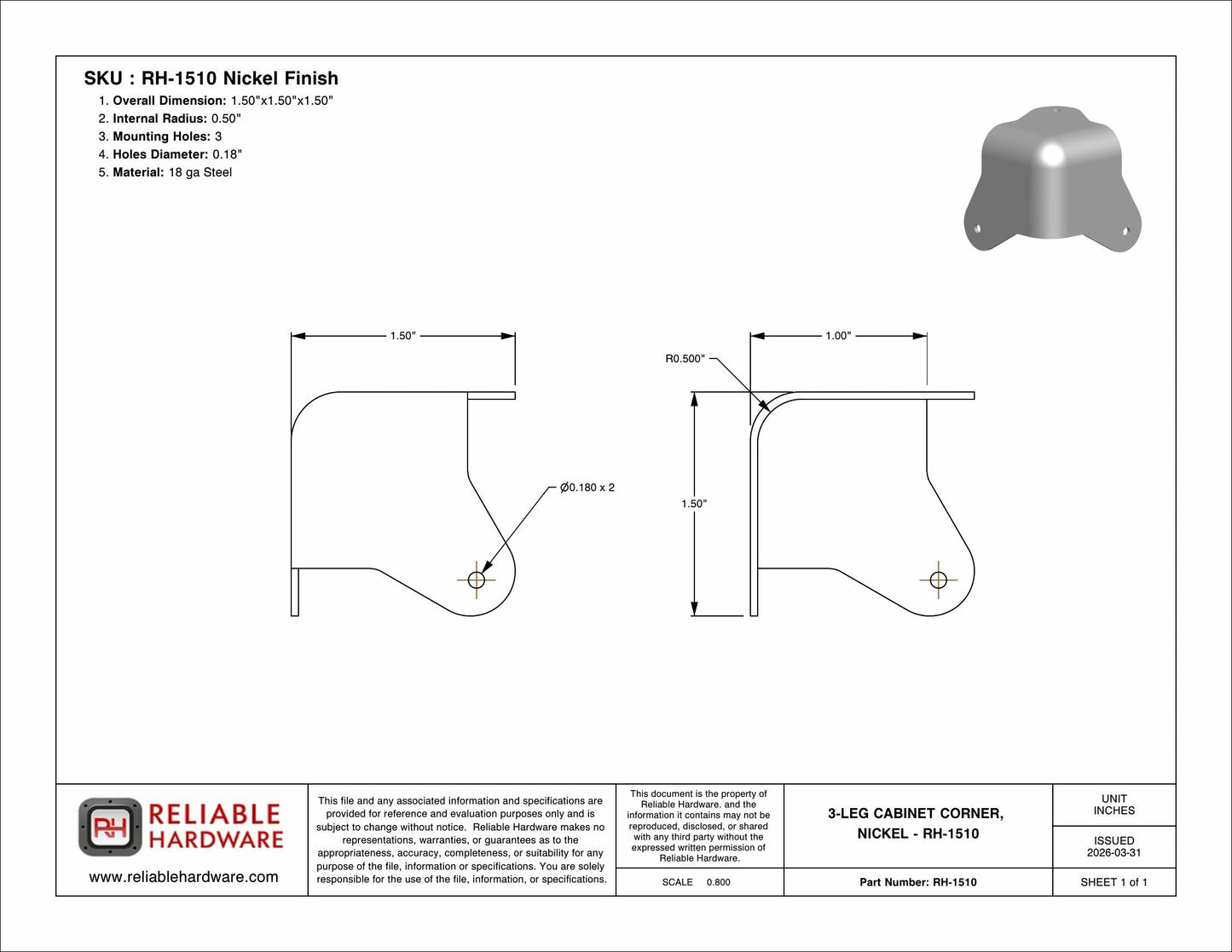 3-LEG CABINET CORNER, NICKEL - RH-1510