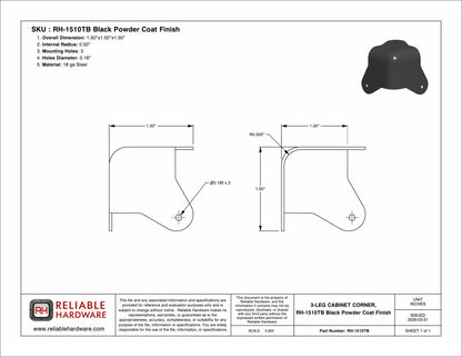 3-LEG CABINET CORNER, TEXTURED BLACK POWDER COAT - RH-1510TB