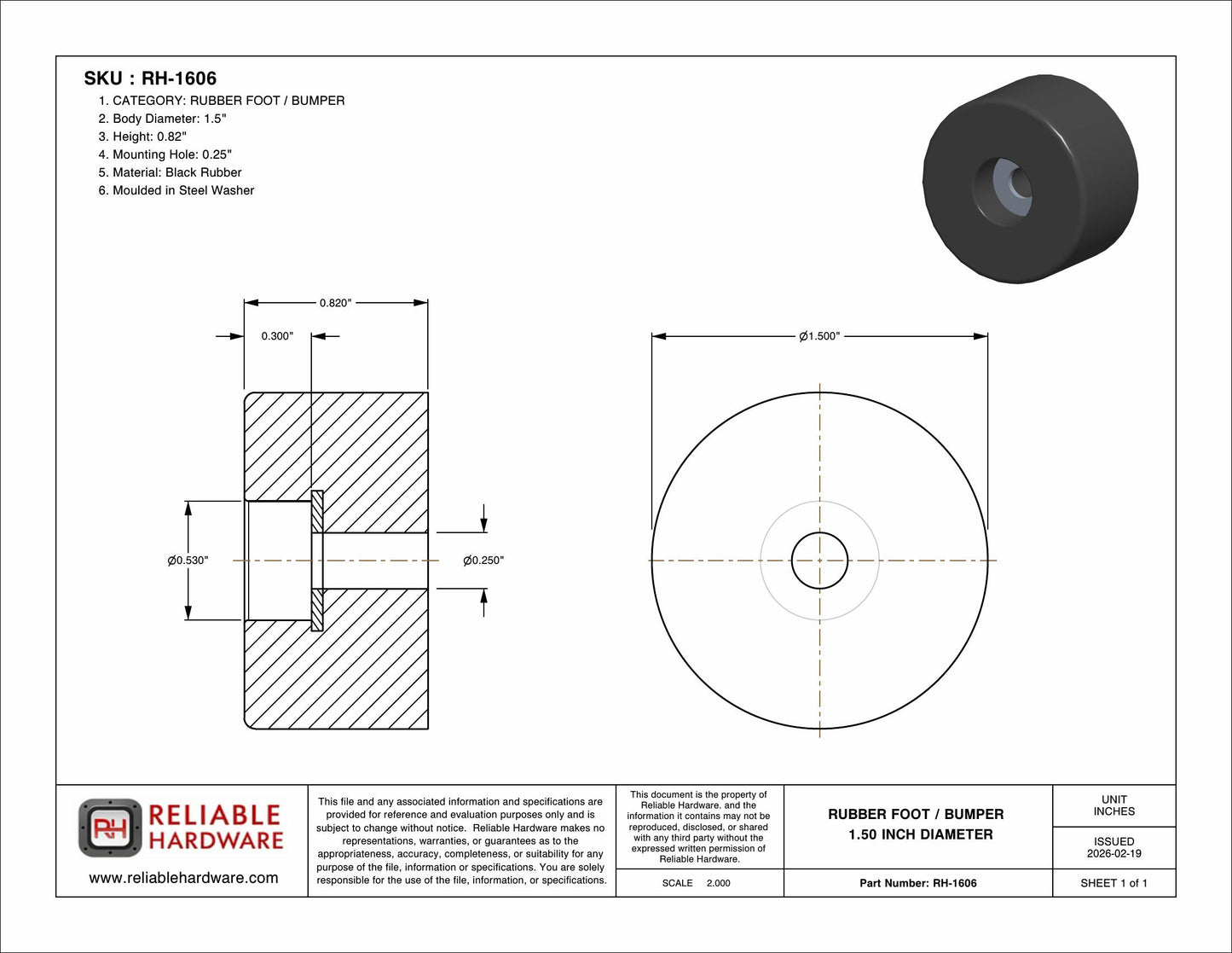 RUBBER FOOT / BUMPER 1.50 INCH DIAMETER - CASE OF 400 PCS. - RH-1606-400