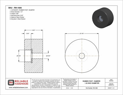 RUBBER FOOT / BUMPER 1.50 INCH DIAMETER - CASE OF 400 PCS. - RH-1606-400