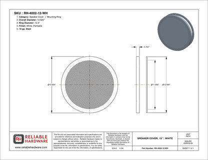 SPEAKER COVER, 12'', WHITE - RH-4002-12-WH