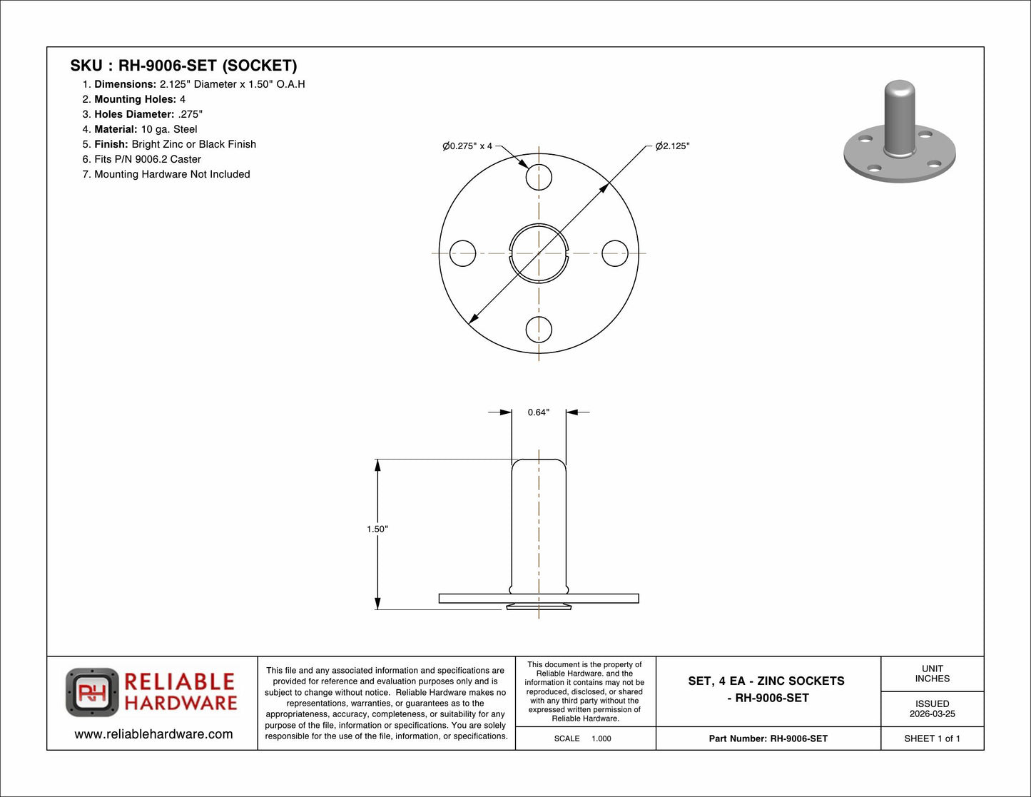 SET, 4 EA - ZINC SOCKETS AND 4 EA. 2'' STEMMED CASTERS - RH-9006-SET