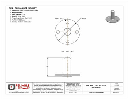 SET, 4 EA - ZINC SOCKETS AND 4 EA. 2'' STEMMED CASTERS - RH-9006-SET