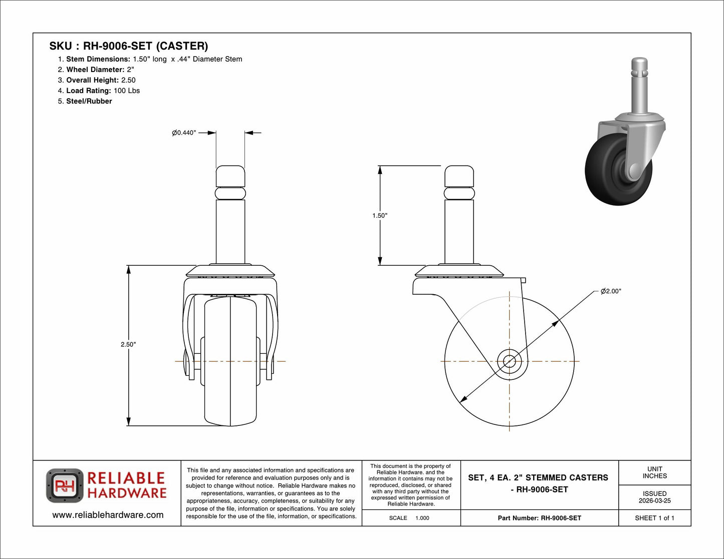SET, 4 EA - ZINC SOCKETS AND 4 EA. 2'' STEMMED CASTERS - RH-9006-SET