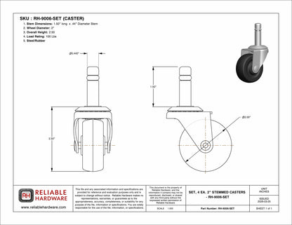 SET, 4 EA - ZINC SOCKETS AND 4 EA. 2'' STEMMED CASTERS - RH-9006-SET